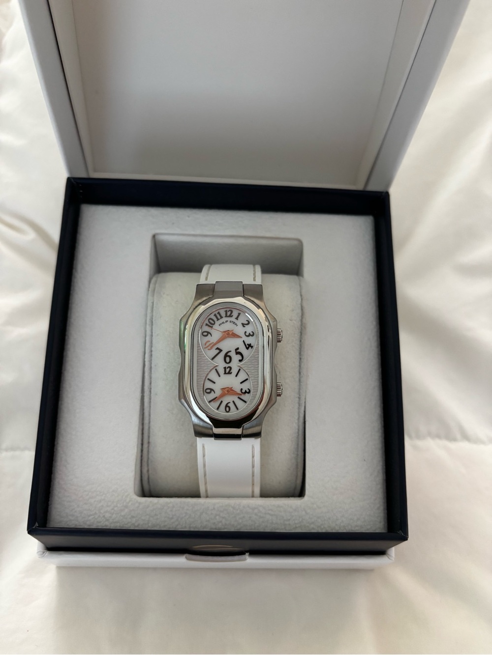 Philip Stein White Rubber Strap Dual-Dial Watch with Silver Case